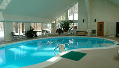 Sheltered by a cathedral ceiling in a climate-controlled, glass-enclosed room overlooking the Black River, the freeform indoor pool remains popular year-round as well